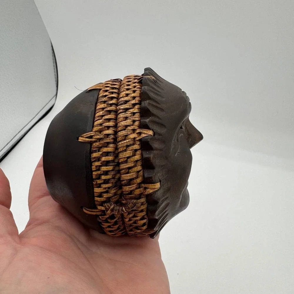 Vintage Hand Carved Wood Sun Face Trinket Box Woven Wicker Philippines Boho